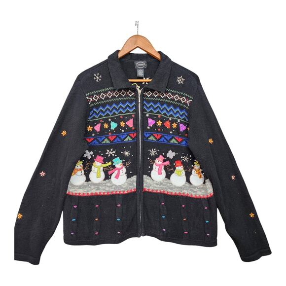 Designers Originals Studio Sweater Women’s LARGE Christmas Black Snowman Holiday - Picture 13 of 16